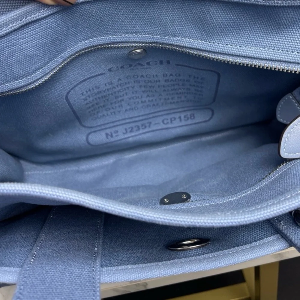 Coach Light Blue Canvas Tote with Navy Script